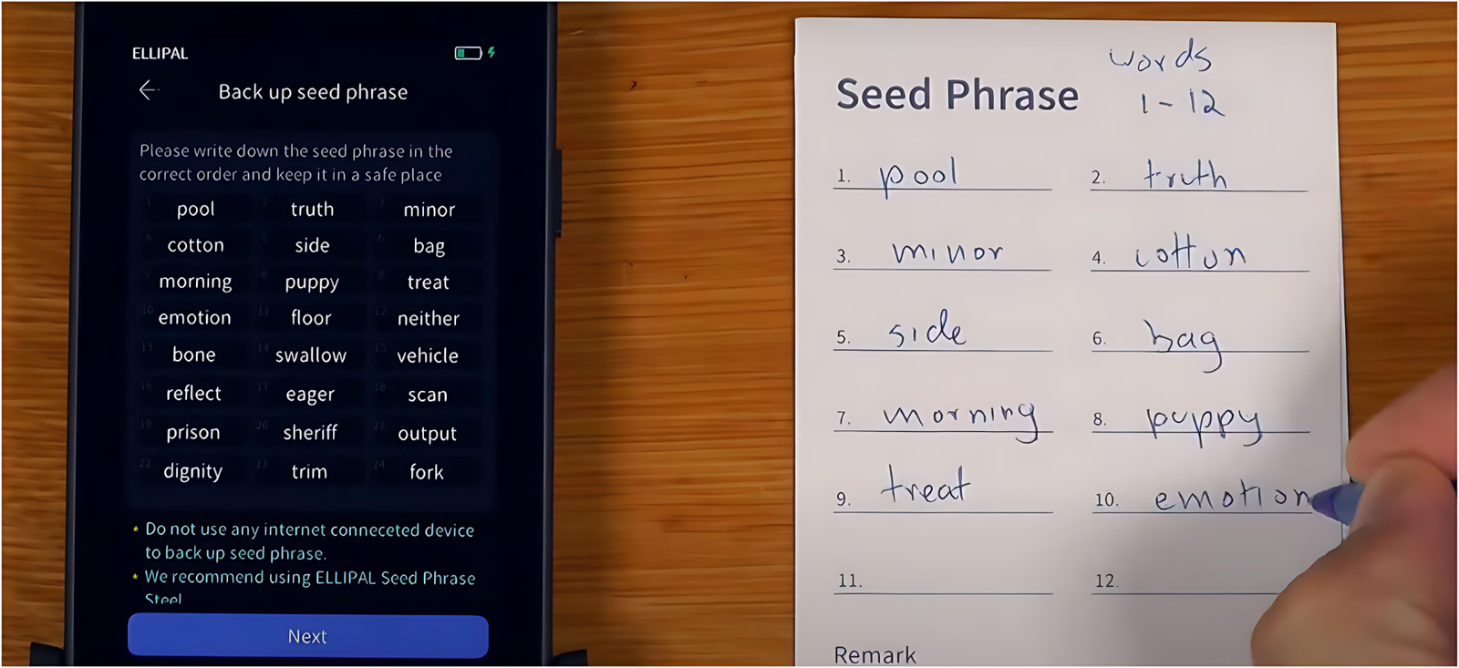 Seed phrase writing