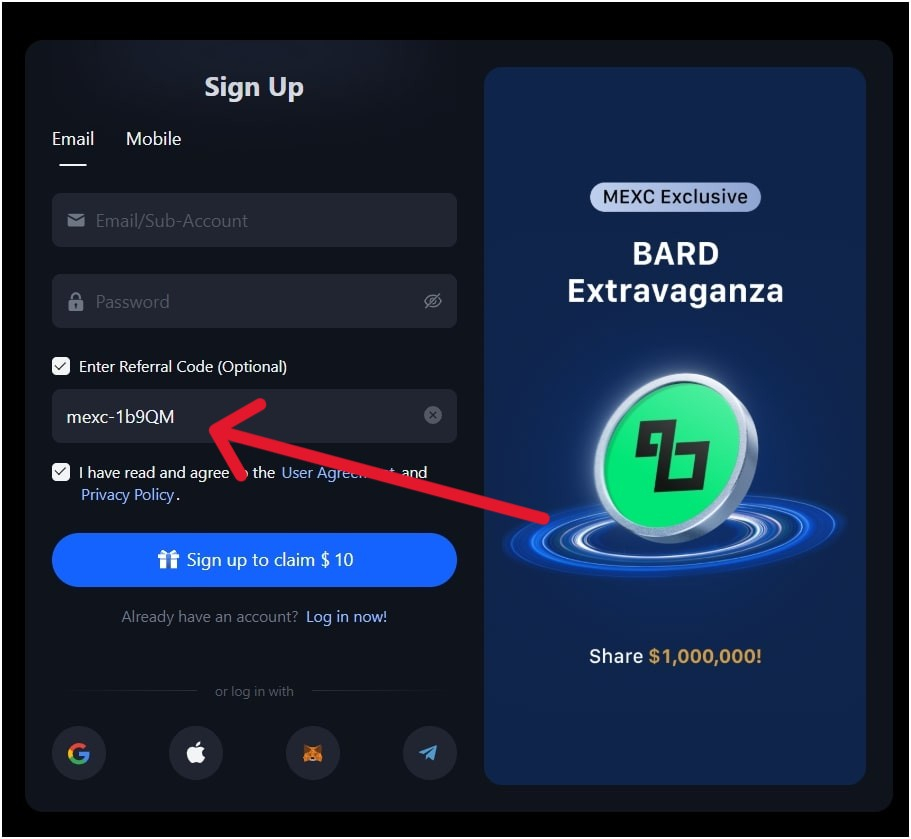 enter referral code on MEXC