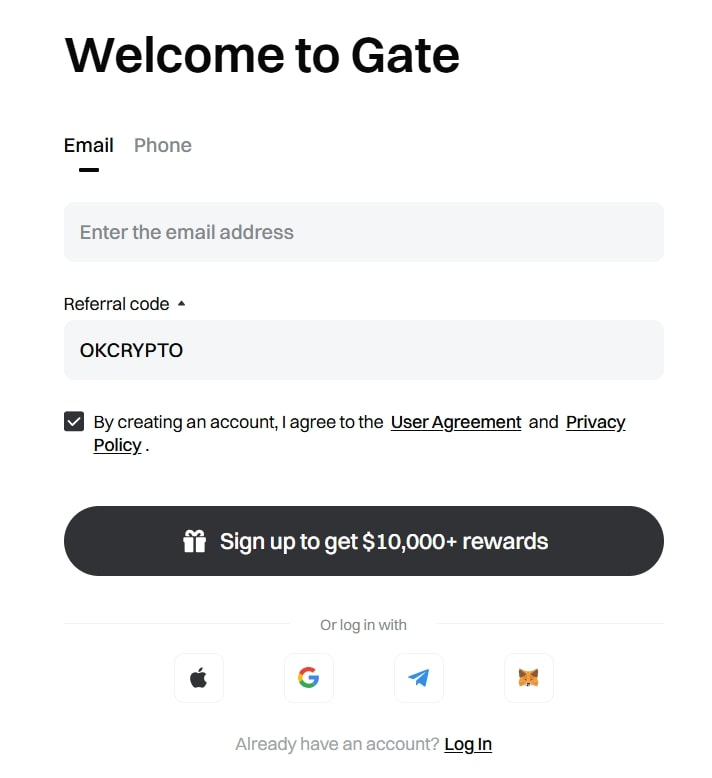 Enter gate.io referral code