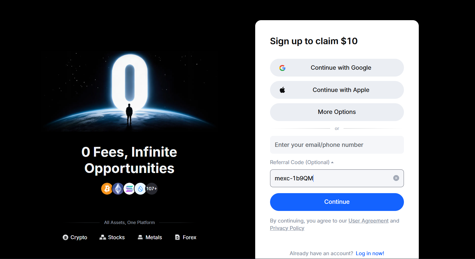 MEXC login and referral code enter