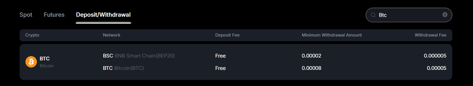 MEXC Bitcoin withdrawal fees