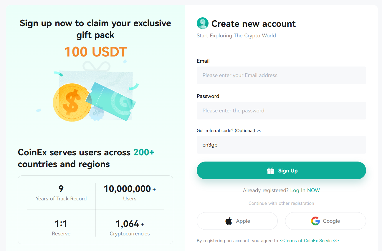 CoinEx account creation using referral code "en3gb"