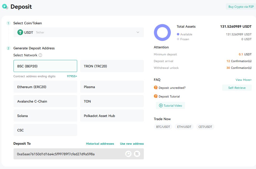 CoinEx crypto deposit