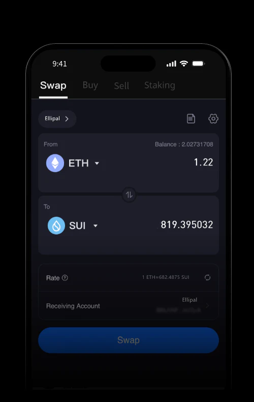 ELLIPAL app swap screen with X Card cold wallet