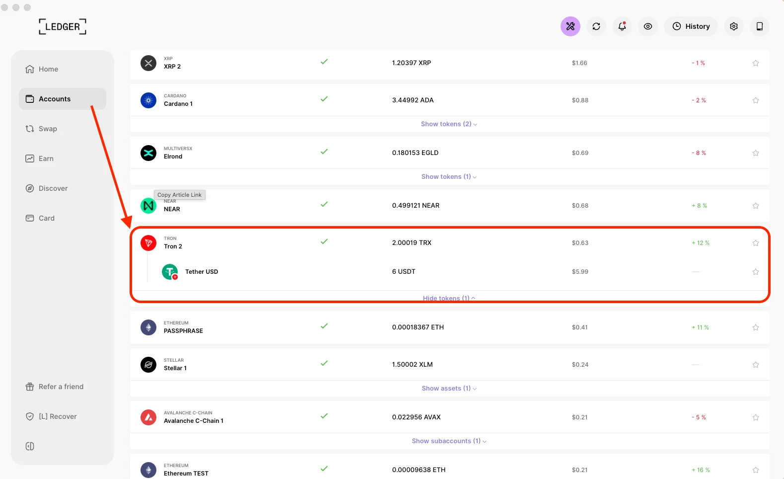 USDT TRC20 on Ledger wallet
